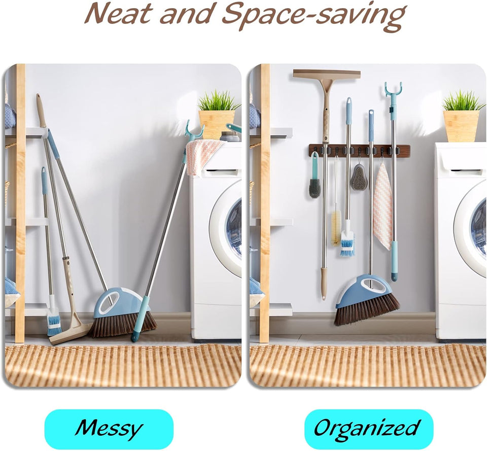 Mop and Broom Holder Wall Mount - Rustic Wood Broom Mop Hanger - Wall Mounted Garden Tool Rack Organizer for Closet Garage Laundry Room Kitchen Decor With 4 Slots & 4 Hooks - ShopUS