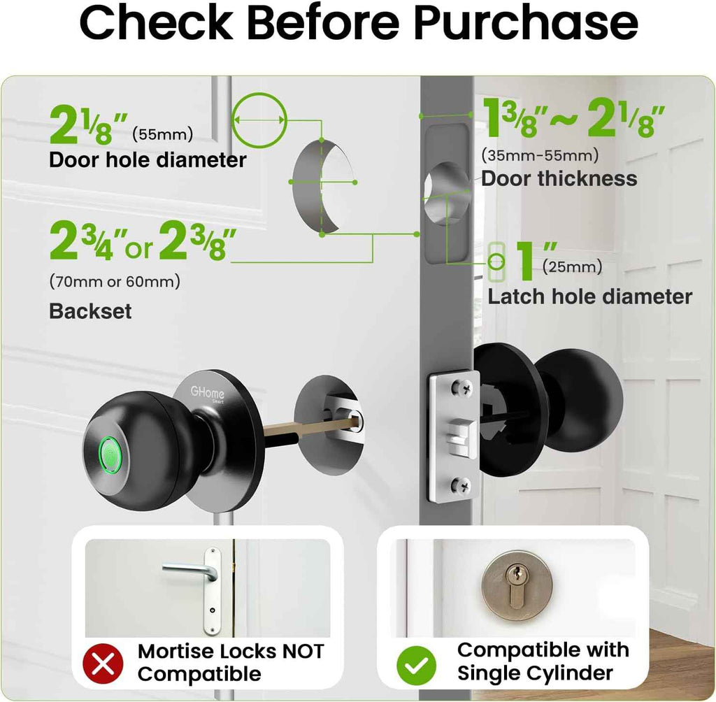 GHome Smart Fingerprint Door Lock, 3 in 1 Smart Fingerprint Door Knob with App Control & Key, Auto Lock, Biometric Thumbprint Door Locks for Bedroom, Garage, Home & Office