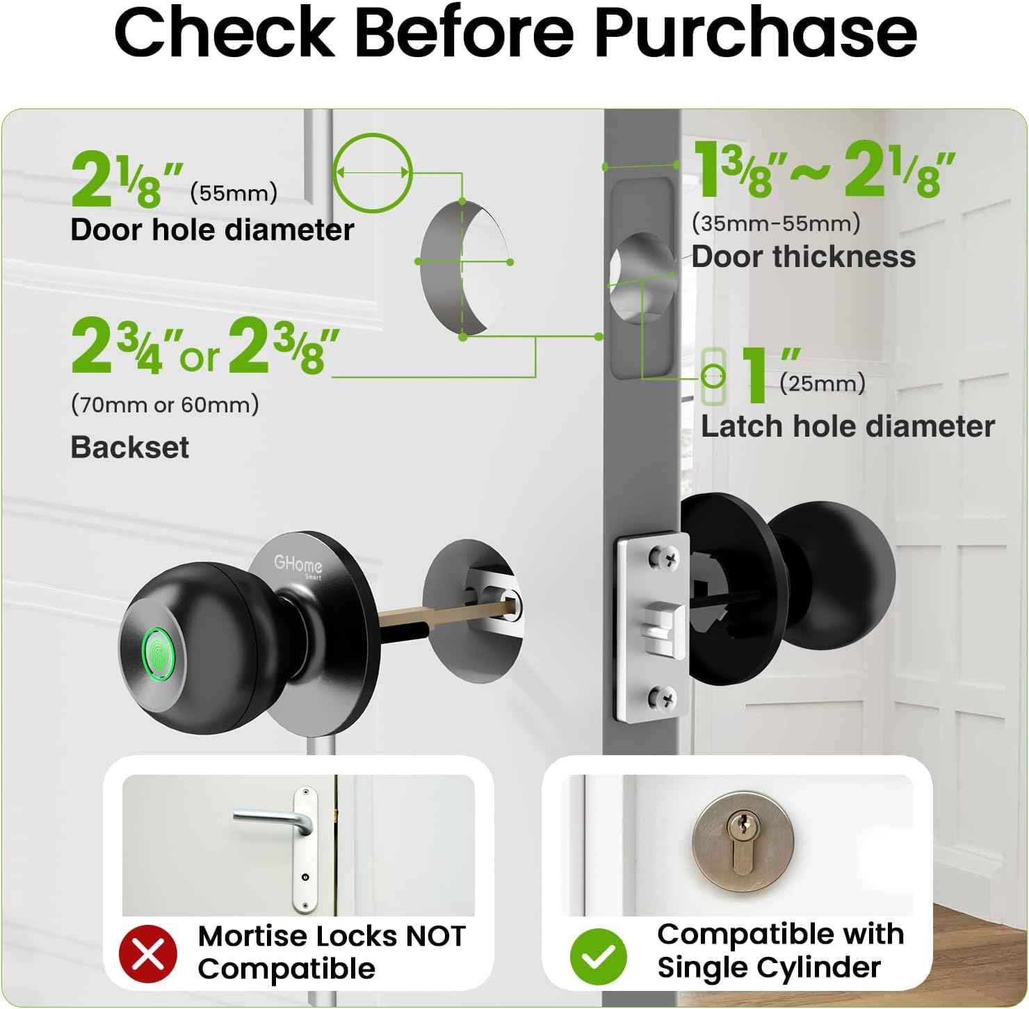 GHome Smart Fingerprint Door Lock, 3 in 1 Smart Fingerprint Door Knob with App Control & Key, Auto Lock, Biometric Thumbprint Door Locks for Bedroom, Garage, Home & Office