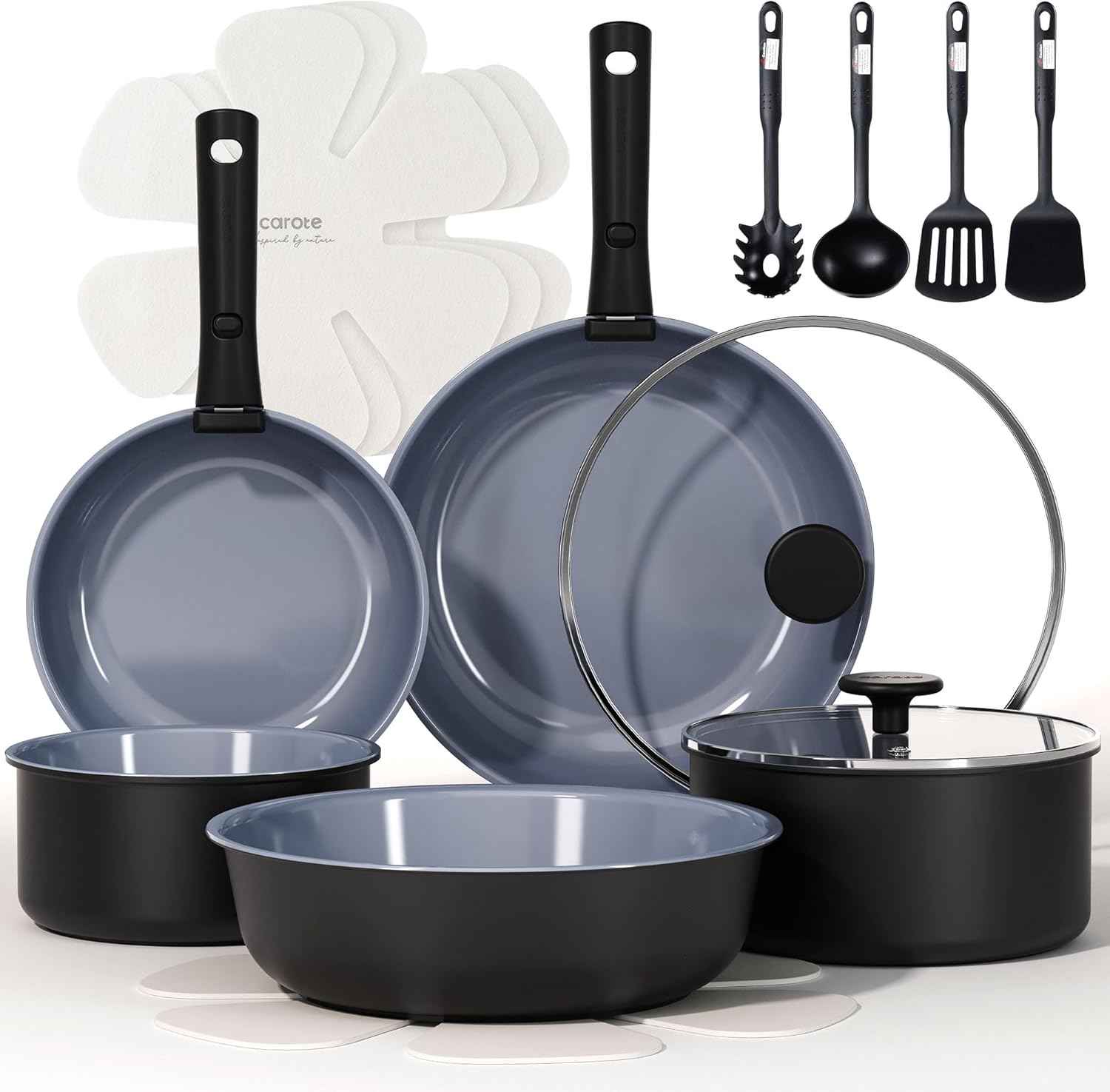 CAROTE 17pcs Pots and Pans Set, Nonstick Cookware Set Detachable Handle, Induction Kitchen Cookware Sets Non Stick with Removable Handle, RV Cookware Set, Oven Safe