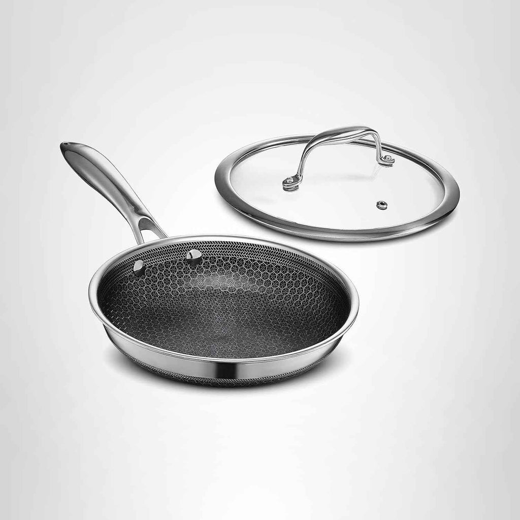 HexClad Hybrid Nonstick 8-Inch Frying Pan with Tempered Glass Lid, Stay-Cool Handle, Dishwasher-Friendly, Oven-Safe, Induction Ready