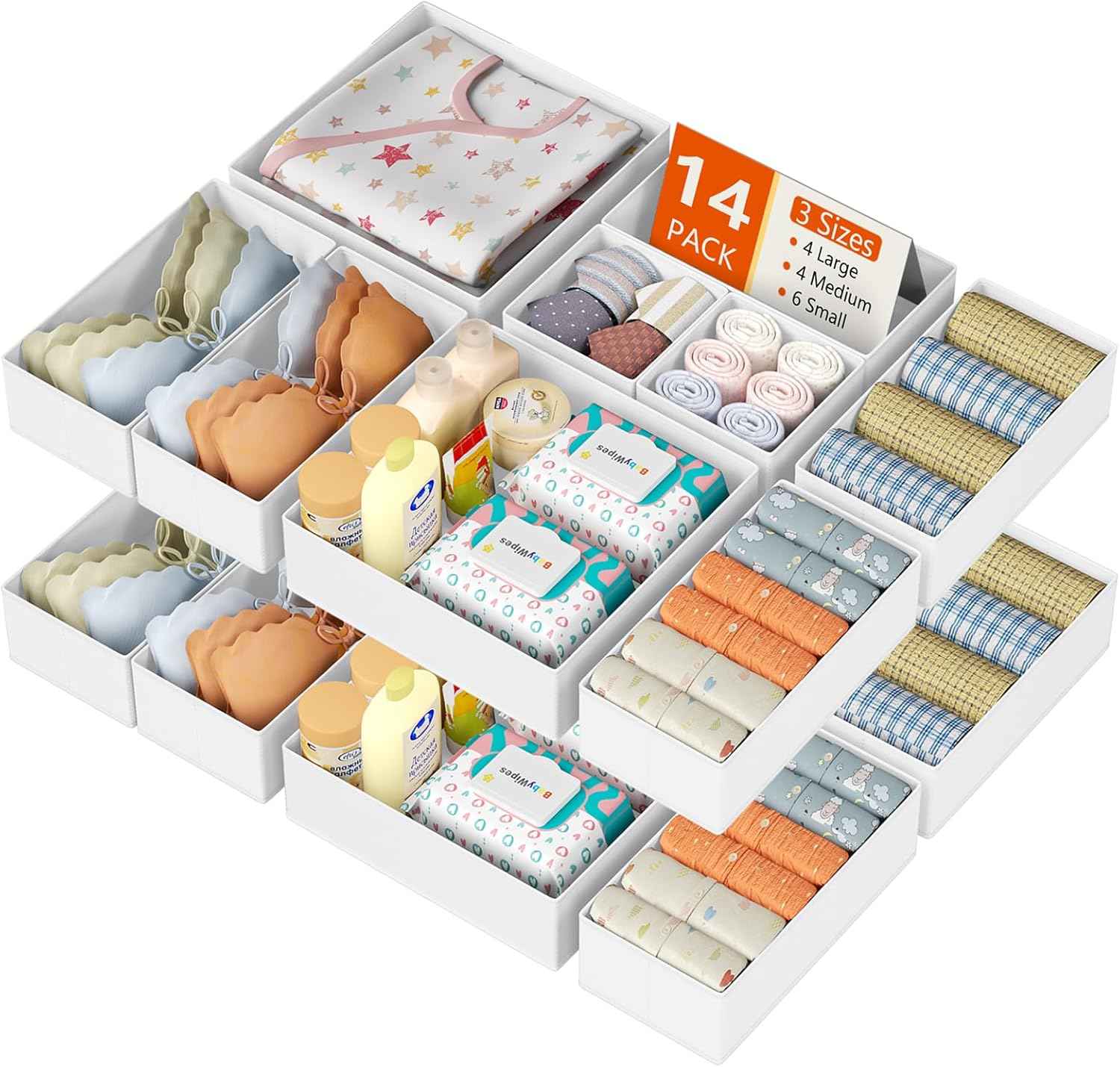 DIMJ Drawer Organizer Clothes, 12 Pack Dresser Organizer, Foldable Closet Organizers and Storage, Fabric Dresser Bins, Drawer Dividers for Nursery, Baby Clothes, Underwears, Sock (Beige)