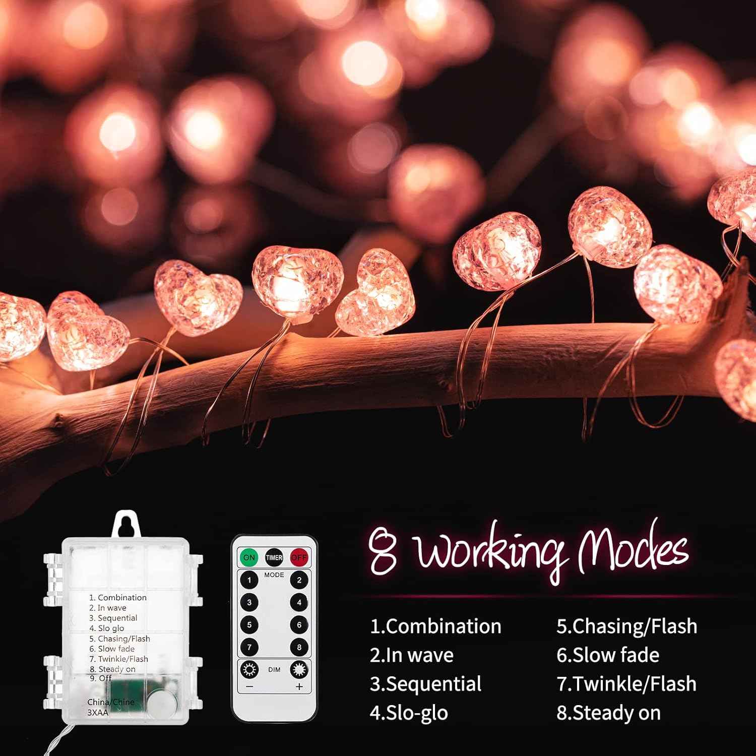 brightown 10.5ft 30 led pink heart battery operated fairy lights with timer and remote