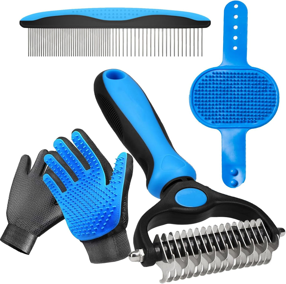 Pet Hair Removal Gloves for Dogs and Cats - 2-in-1 Deshedding Brush Massage Mitt for Shedding Control and Safe Pet Grooming 2-Pack (Blue)