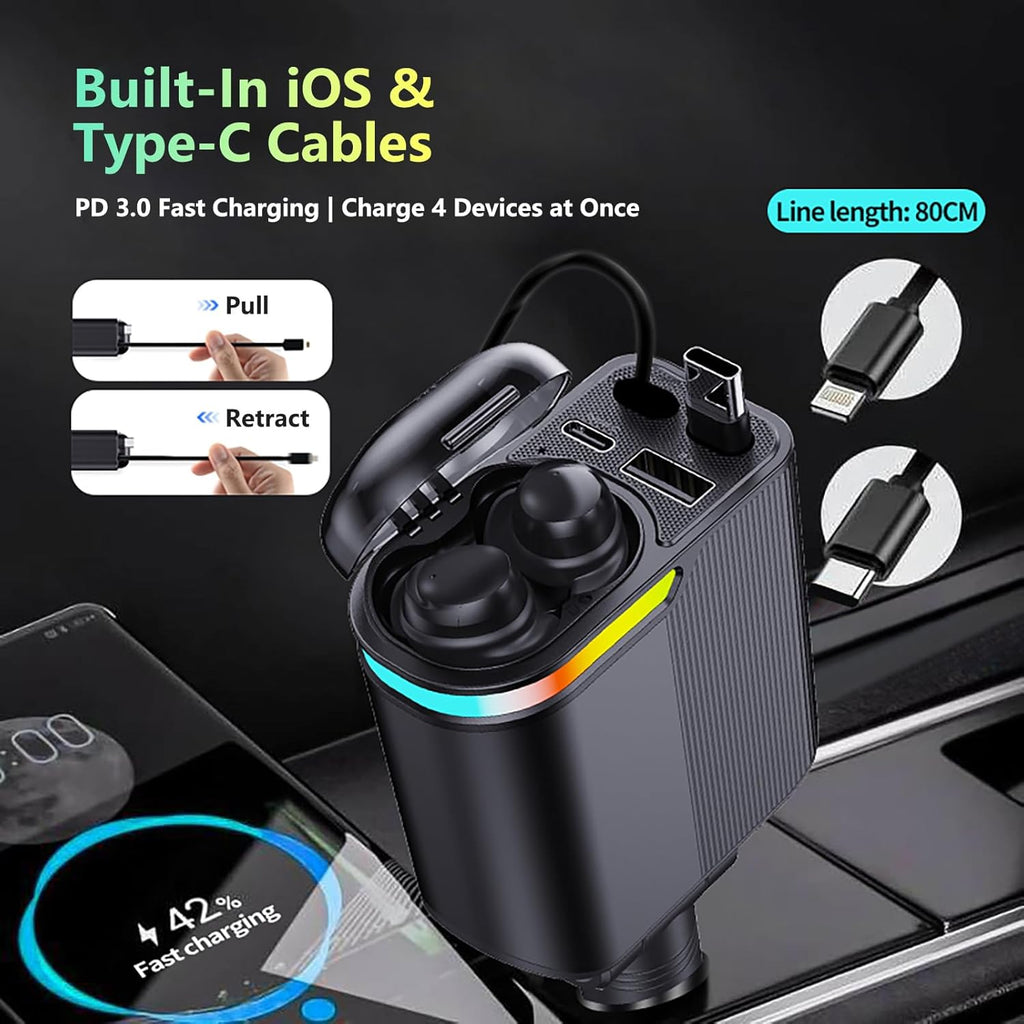 MLVOC 120W Fast Charging Car Charger with Earbuds, Retractable 4-in-1 USB-C & Lightning for iPhone & Android (Black) - ShopUS