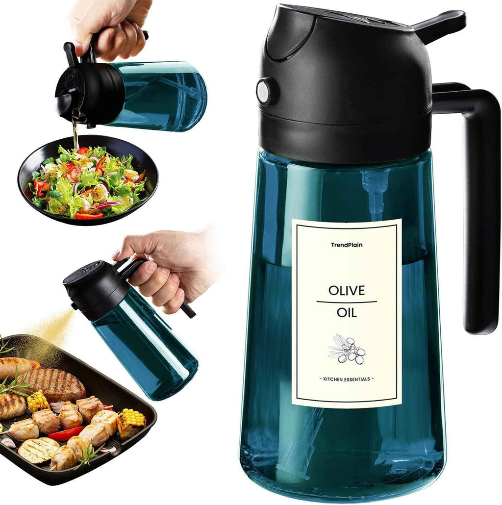 TrendPlain 16oz/470ml Blue Glass Olive Oil Sprayer for Cooking - 2 in 1 Olive Oil Dispenser for Kitchen Gadgets, Air Fryer, Salad, and BBQ - Navy