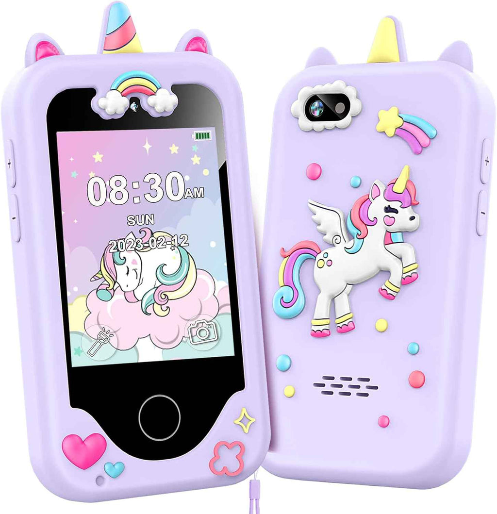 Purple 2.8" touchscreen kids phone for 3-10 year old girls, dual camera, music player, and learning games