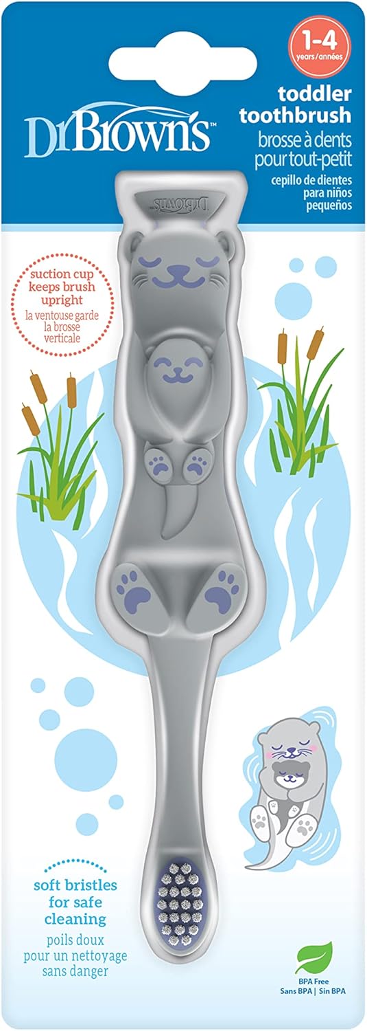 Dr Brown's Baby Toddler Toothbrush Green and Orange Dinosaur 2-Pack Ages 1-4 Years Soft Bristles Suction Cup Base