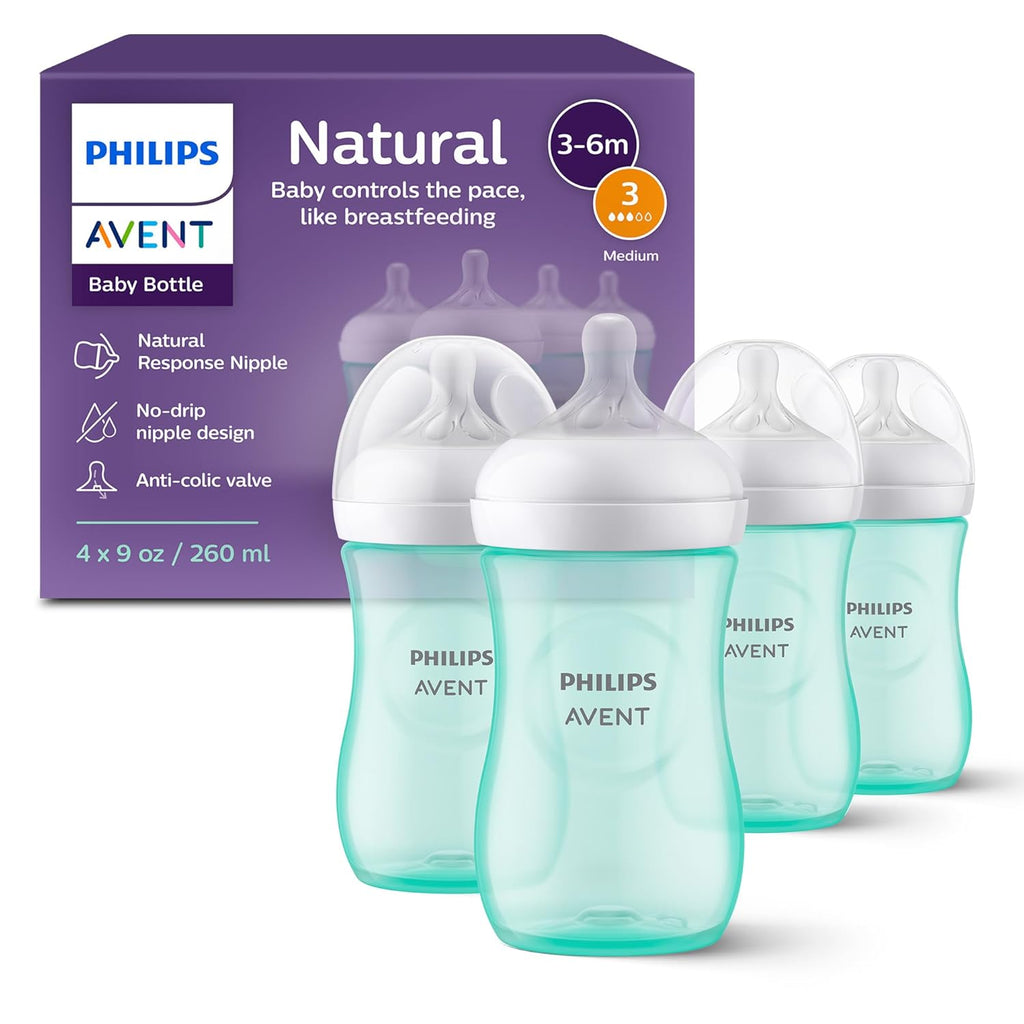 Philips Avent Natural Baby Bottles 4-Pack, Medium Flow, 9oz, SCY903/04, BPA-Free