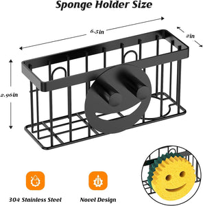Sponge Holder Smiley Face, Sink Caddy for kitchen Sink, Kitchen Organizer Sponge Holder with 2 PCS Suction Cups/1 PCS Adhesive Strips, Designed for Sponge, Soap, Dish brush, Scrubber-Black