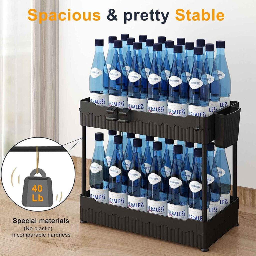 2 Pack Under Sink Organizer, Under Bathroom Cabinet Organizer with Hooks Hanging Cup, Multi-Purpose Storage Shelf for Kitchen Bathroom, Black