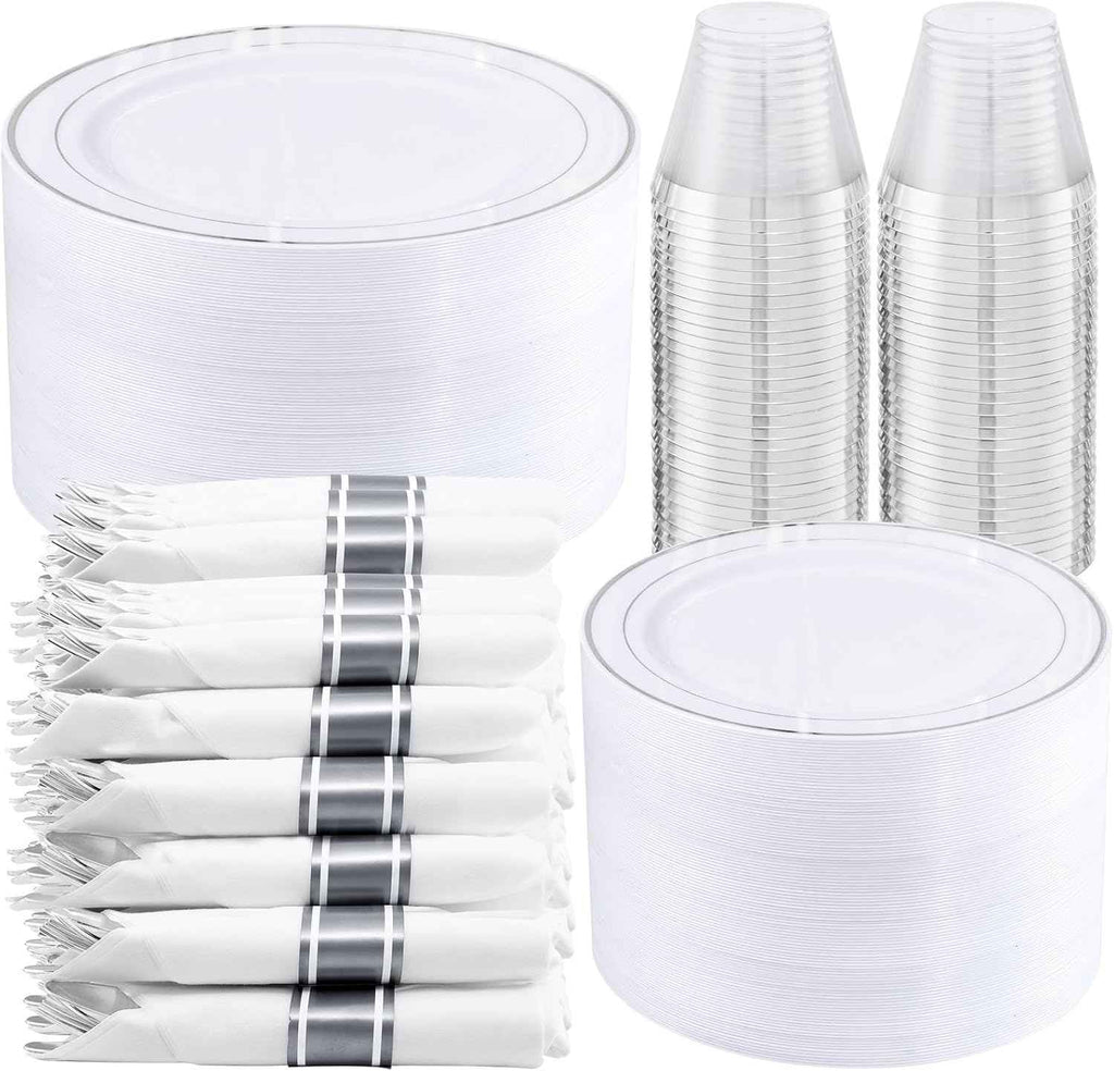 WELLIFE 700 Pieces Silver Plastic Dinnerware Set for 100 Guests - Includes Plates, Cups, Napkins, and Disposable Cutlery - Elegant White & Silver Design, Perfect for Parties and Events