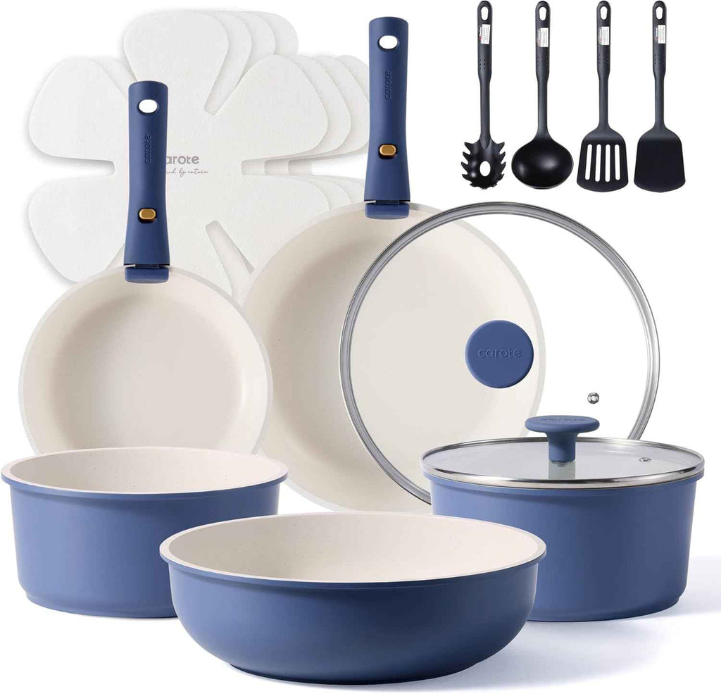 CAROTE 17pcs Pots and Pans Set, Nonstick Cookware Set Detachable Handle, Induction Kitchen Cookware Sets Non Stick with Removable Handle, RV Cookware Set, Oven Safe