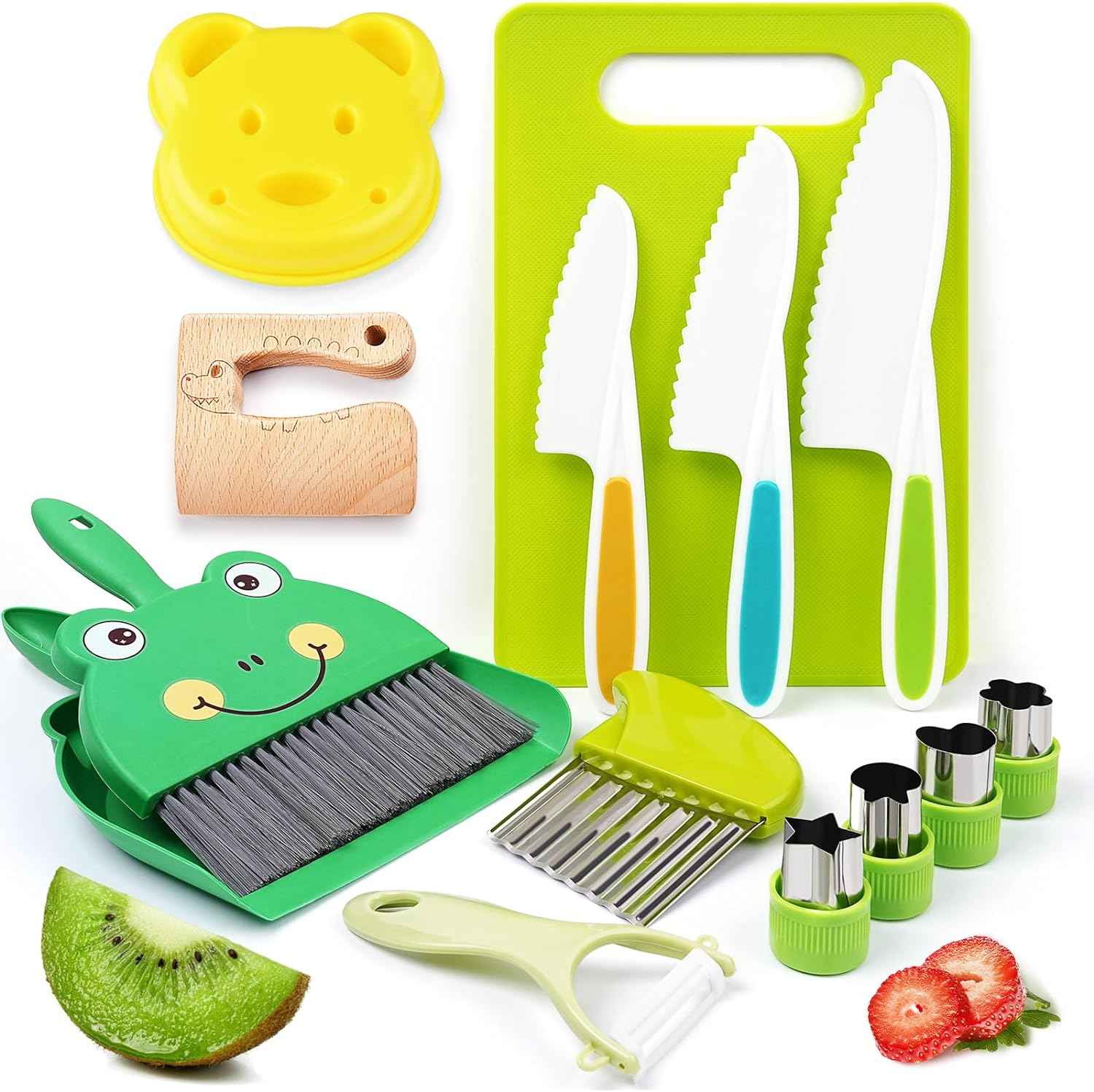 13 Pieces Montessori Kitchen Toys for Toddlers-Kids Cooking Sets Real-Toddler Toys Set for Real Cooking with Plastic Children Safe Knives Crinkle Cutter Kids Cutting Board