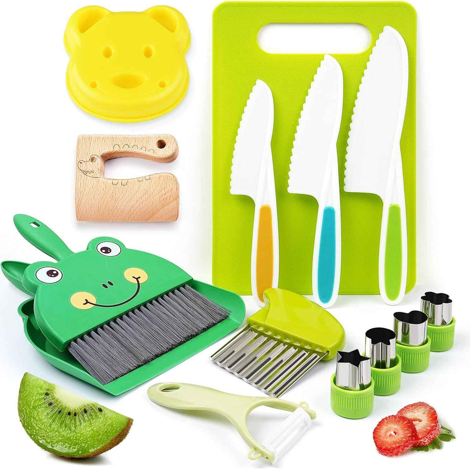 13 Pieces Montessori Kitchen Toys for Toddlers-Kids Cooking Sets Real-Toddler Toys Set for Real Cooking with Plastic Children Safe Knives Crinkle Cutter Kids Cutting Board