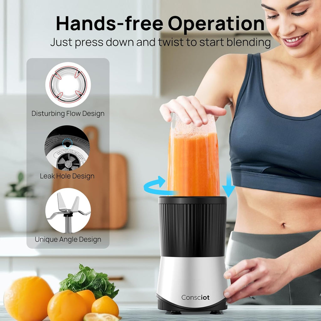 Consciot CB08 11-Piece Blender for Kitchen and Personal Size, Blend Shakes and Smoothies, Frozen Drinks, Baby Food, Spreads & More, 3 Portable To-Go Cups & 2 Spout Lids & 1 Solid Lid, 900 Peak Watts