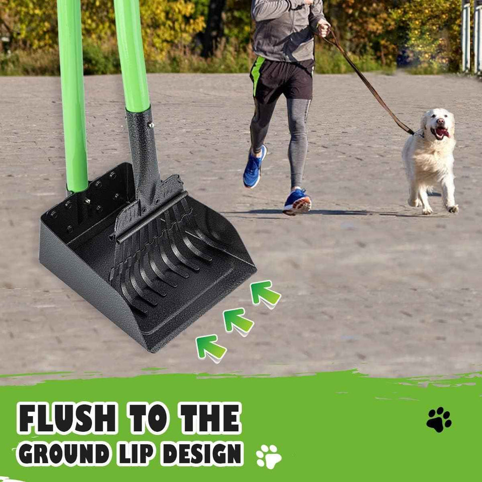 mxf pooper scooper, stainless metal tray and rake set for small dogs, heavy duty, long handle, green