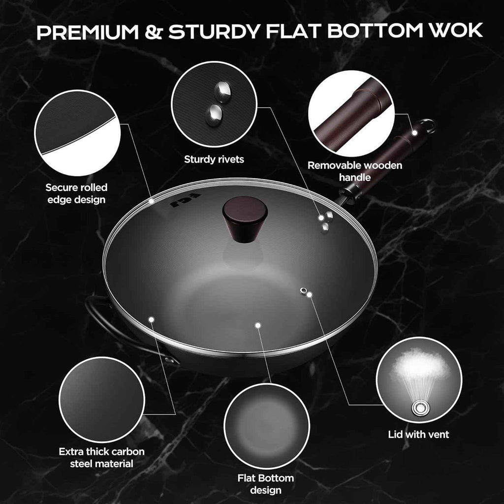 Wok, 13 Inch carbon steel woks & stir-fry pans nonstick, Pre-Seasoned 5.8QT Flat Bottom Chinese Wok Paella Pan with lid, Carbon Steel Cookware, Compatible with All Cooktops