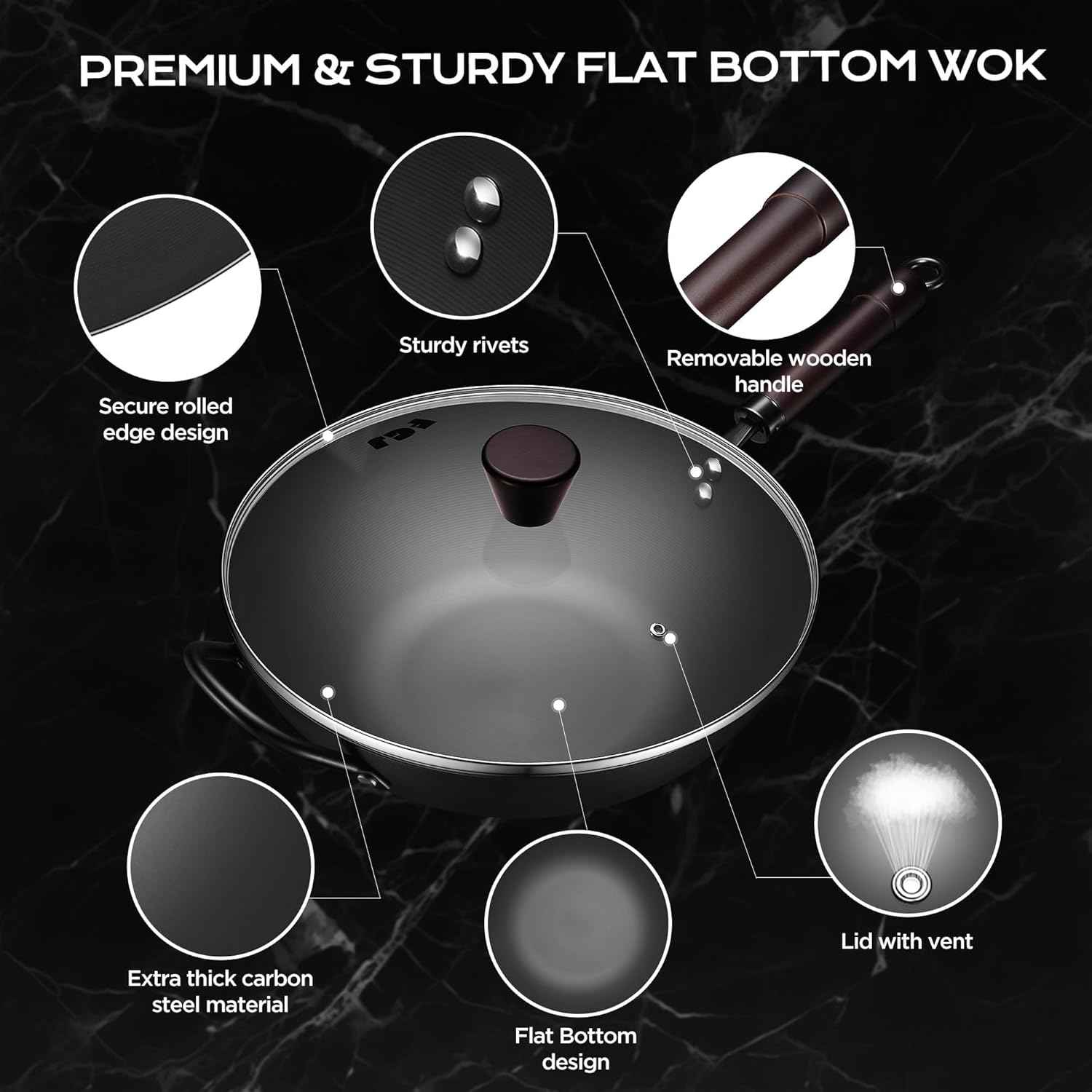 Wok, 13 Inch carbon steel woks & stir-fry pans nonstick, Pre-Seasoned 5.8QT Flat Bottom Chinese Wok Paella Pan with lid, Carbon Steel Cookware, Compatible with All Cooktops