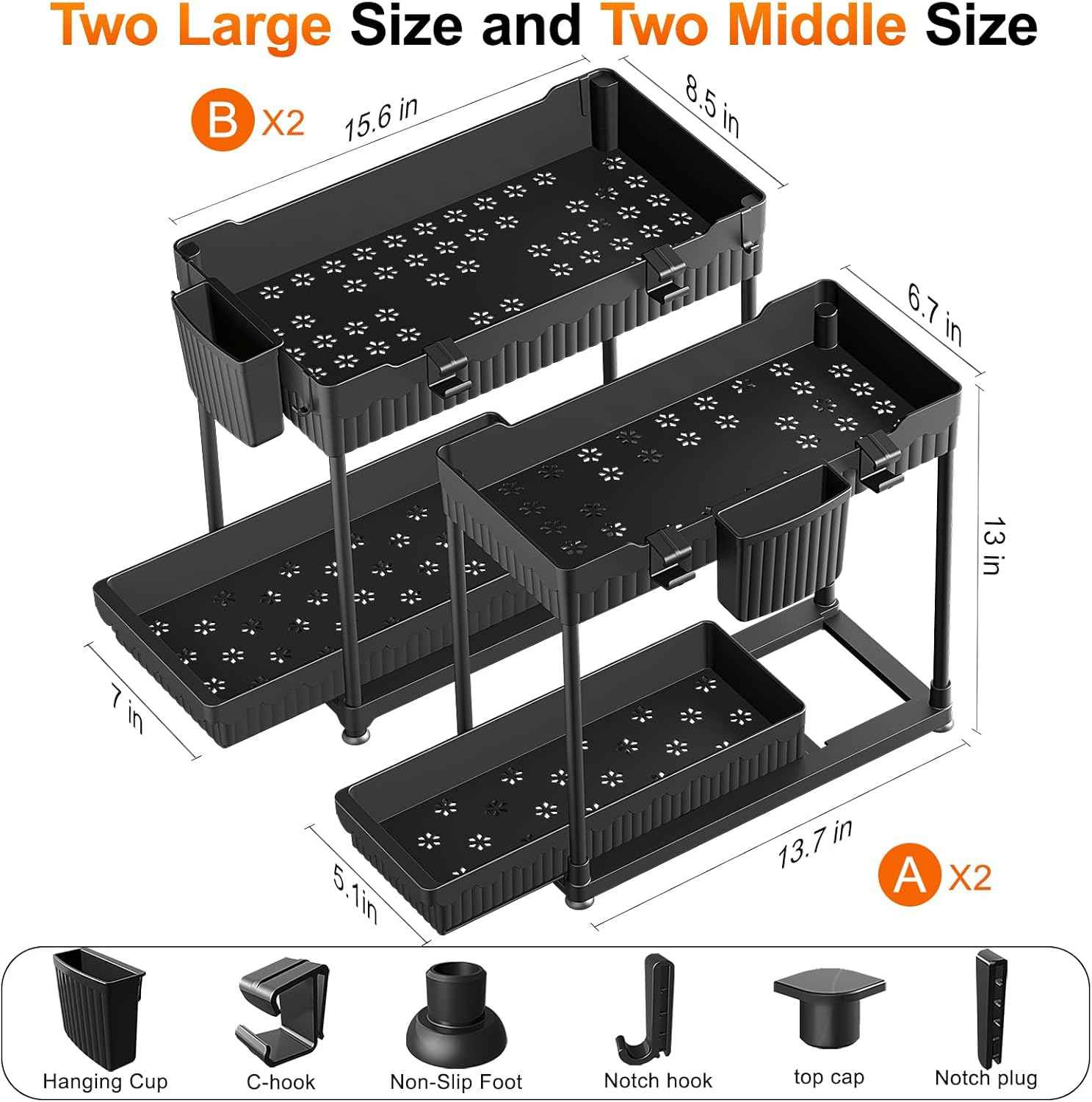4-Pack Under Sink Organizer: 2-Tier Pull-Out Cabinet Storage with Hooks