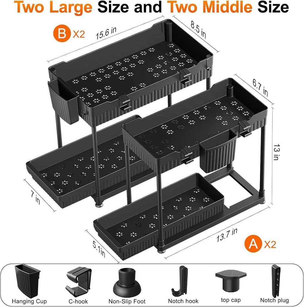 4-Pack Under Sink Organizer: 2-Tier Pull-Out Cabinet Storage with Hooks