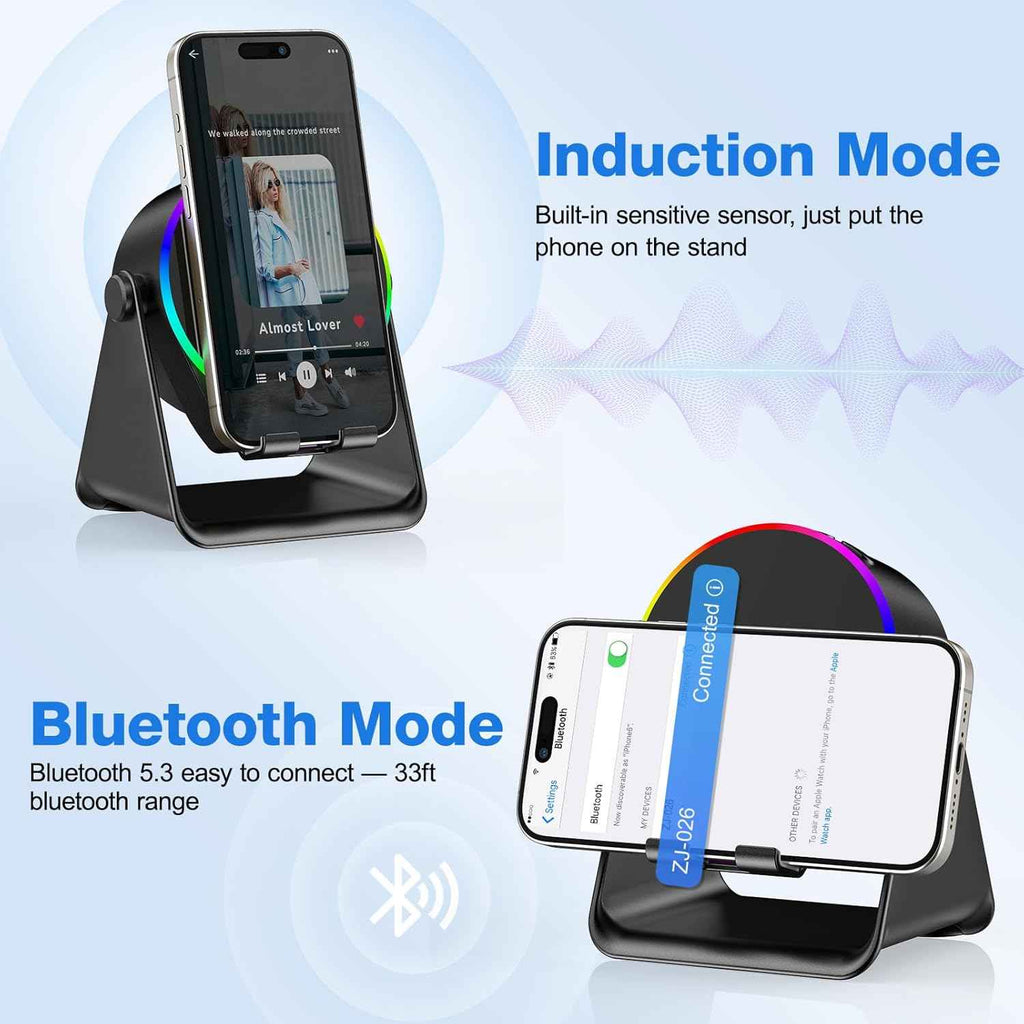 Tarkari 5-in-1 wireless induction speaker with 360° rotation stand and colorful ambient light, compatible with iPhone, iPad, and Android