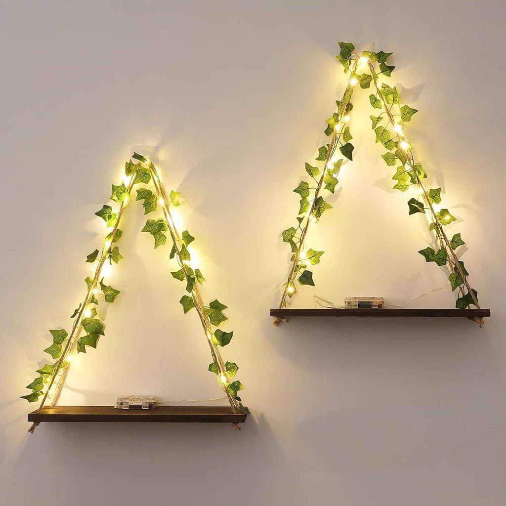 Floating Shelves for Wall, Hanging Shelves with Artificial Ivy LED String Light, No Drilling Hanging Shelf, Wood Hanging Plant Shelves for Wall Décor, Boho Decor, Art Bedroom, Set of 2