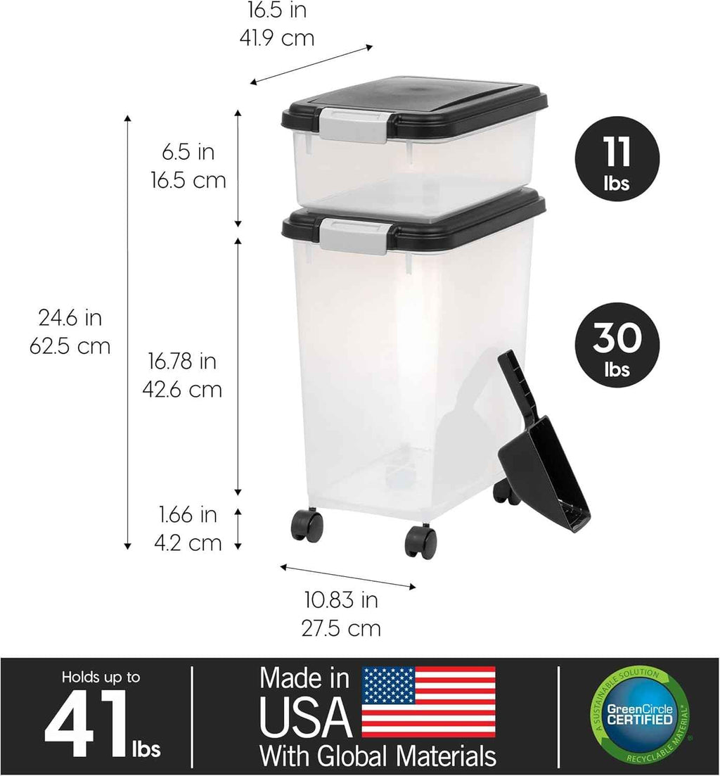 iris usa dog food storage container combo, 30 lbs & 11 lbs, airtight, stackable, wheels, black