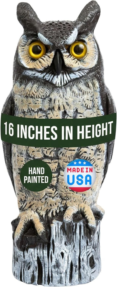 Dalen Large Fake Owl Decoy to Scare Birds Away - 16 in Hand-Painted Great Horned Owl Garden Scarecrow for Natural Pest Control - Fixed Head Design - Secure Upright by Filling with Sand/Gravel Only