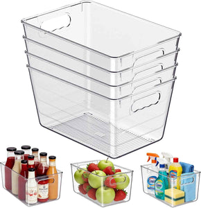 Clear Plastic Storage Bins, 4-Pack Stackable Pantry Organizers and Storage Containers for Kitchen, Fridge, Cabinet and Closet Organization - Home Essentials