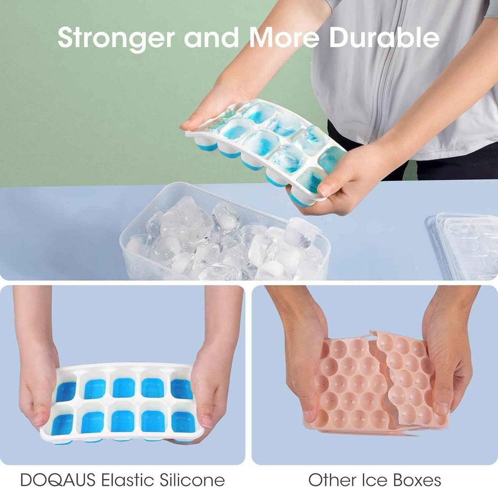 DOQAUS Ice Cube Tray with Lid and Bin, 4 Pack Silicone Plastic Ice Cubes Trays for Freezer with Box/Container, Stackable with Storage Iced Bucket Kits, Scoop, for RV, Soup, Food, Cocktail, Coffee