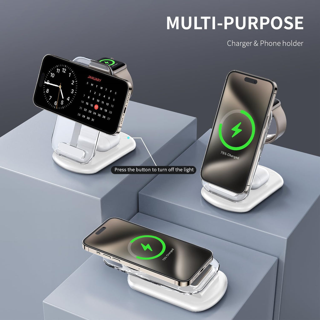 2025 Traveling Wireless Mag-Safe Fast Charging Station,Magnetic 3 in 1 Charger with Light for iPhone 17 16 15 14 13 12 Pro Max Plus,Apple Watch& Air pods 4 3 2 Pro-Gifts for Wife & Husband(White) - ShopUS
