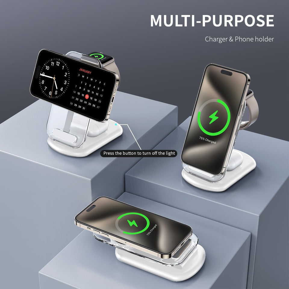 2025 Traveling Wireless Mag-Safe Fast Charging Station,Magnetic 3 in 1 Charger with Light for iPhone 17 16 15 14 13 12 Pro Max Plus,Apple Watch& Air pods 4 3 2 Pro-Gifts for Wife & Husband(White) - ShopUS
