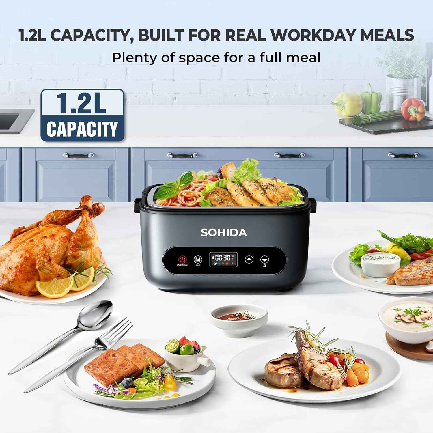 100W Cordless Electric Lunch Box for Adults & Men, Rechargeable Battery Powered Heated Lunch Box, 1.2L Portable Food Warmer Lunchbox with 5-Sided Heating for Work Car Outdoor Use
