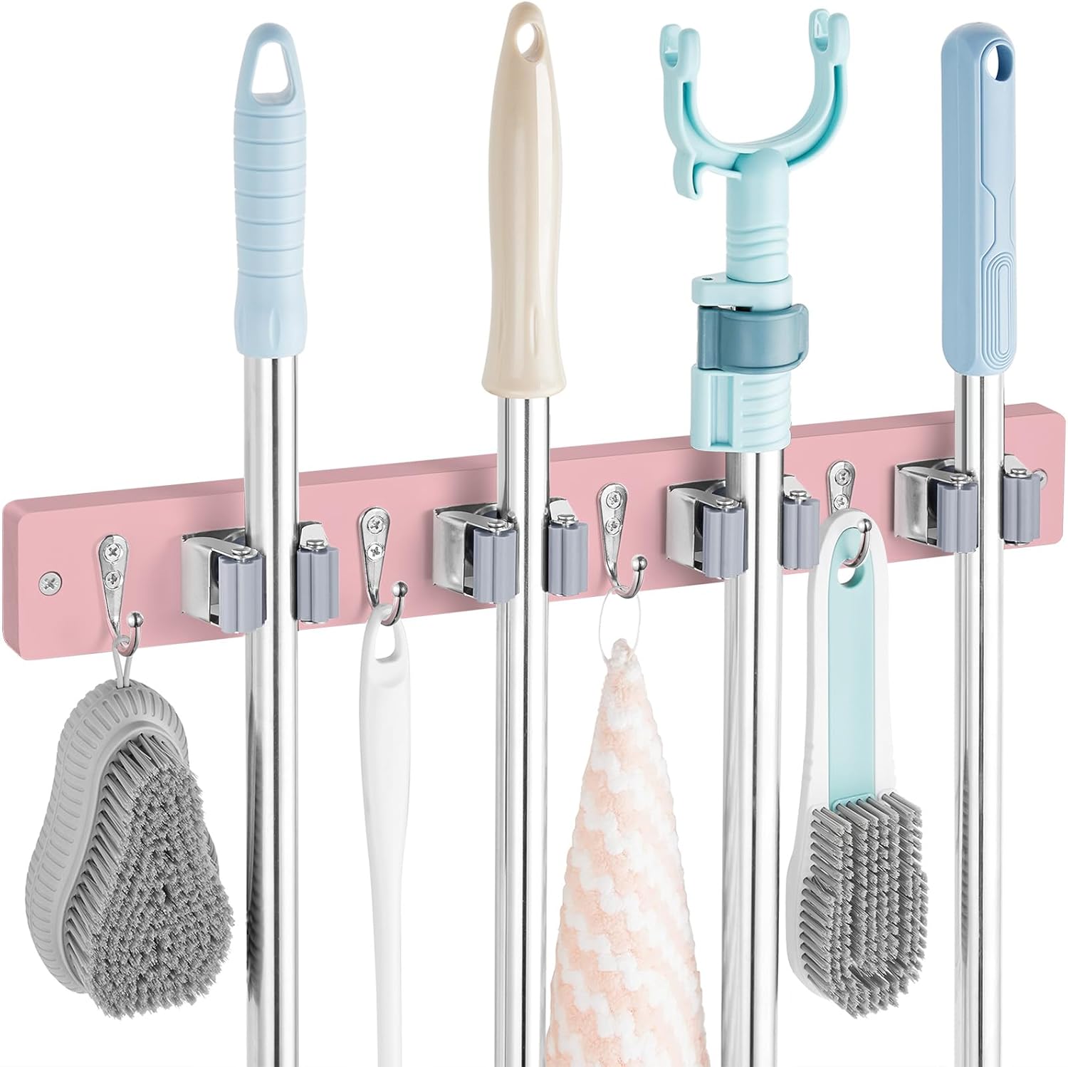 Mop and Broom Holder Wall Mount - Rustic Wood Broom Mop Hanger - Wall Mounted Garden Tool Rack Organizer for Closet Garage Laundry Room Kitchen Decor With 4 Slots & 4 Hooks - ShopUS