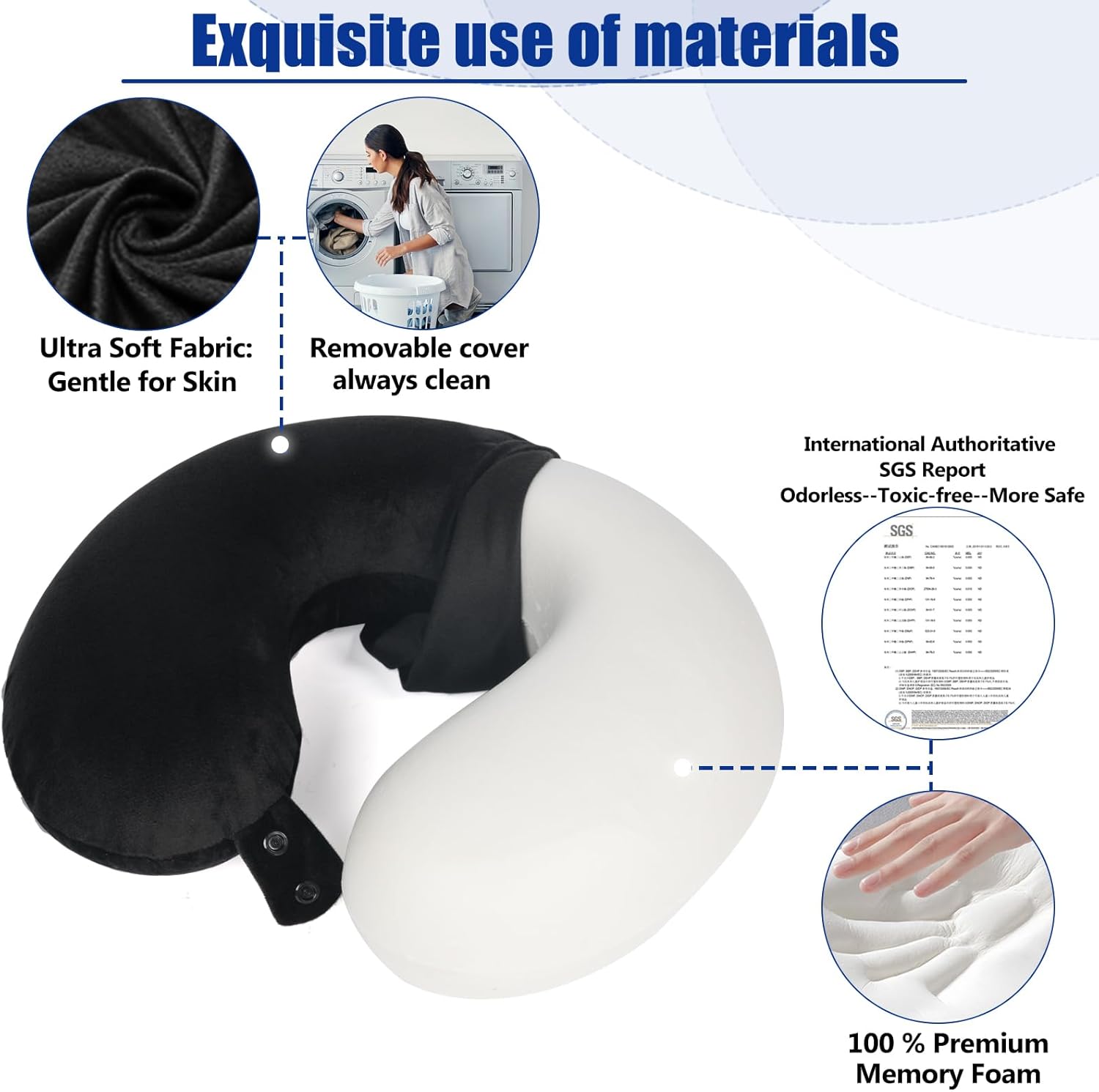 SAIREIDER Travel Pillow 100% PLre Memory Foam Travel Neck Pillow, Airplane Pillow for Traveling、Car、Home、Office，Washable Cover（Black）