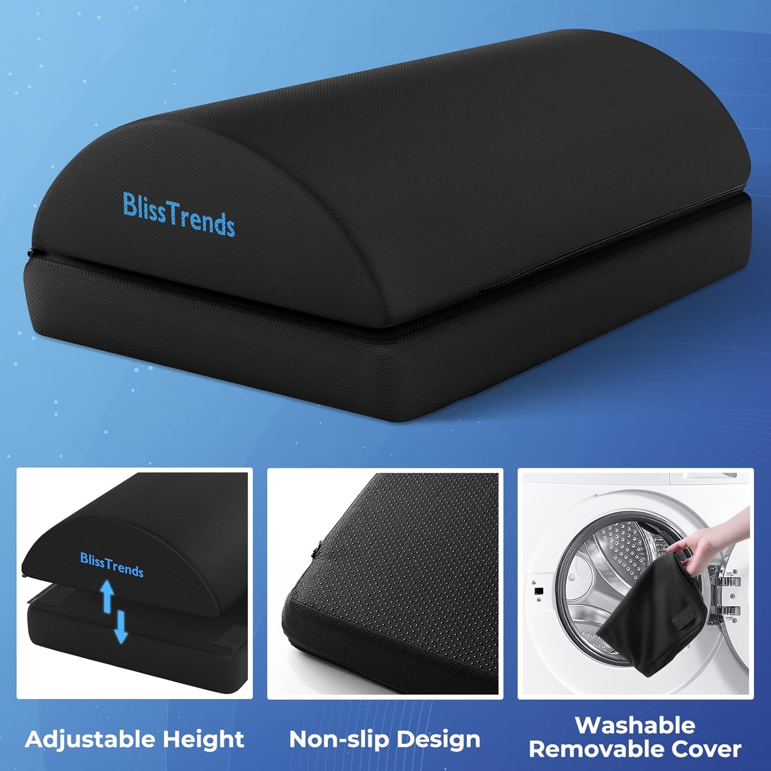 BlissTrends Foot Rest for Under Desk at Work-Versatile Foot Stool with Washable Cover-Comfortable Footrest with 2 Adjustable Heights for Car,Home and Office to Relieve Back,Lumbar,Knee Pain-Black