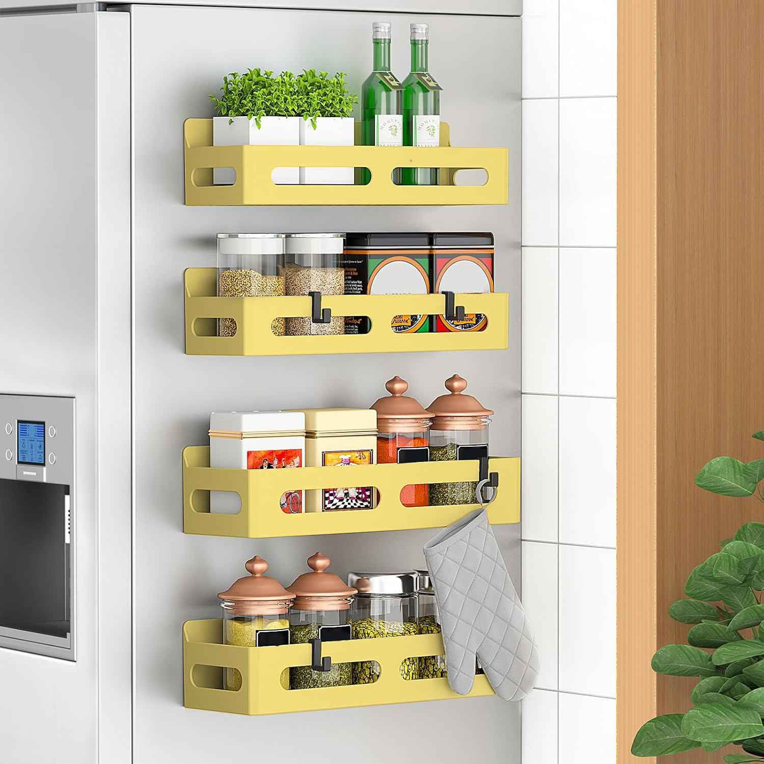 4 Pack Magnetic Spice Rack for Refrigerator, Spice Rack Organizer, Moveable Magnetic Shelf Fridge Organizer with 4 Hooks for Kitchen and Oven Organization, Black