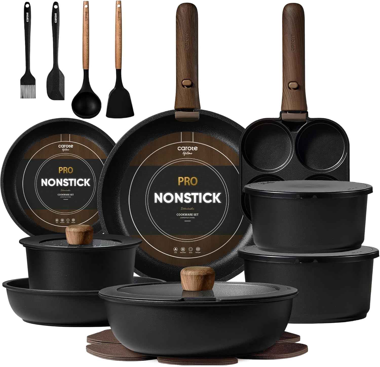 CAROTE 19pcs Pots and Pans Non Stick, Cookware Sets Detachable Handle, Induction Kitchen Pots and Pans,NonStick Cooking Set, Oven/Dishwasher/Fridge Safe, Space Saving