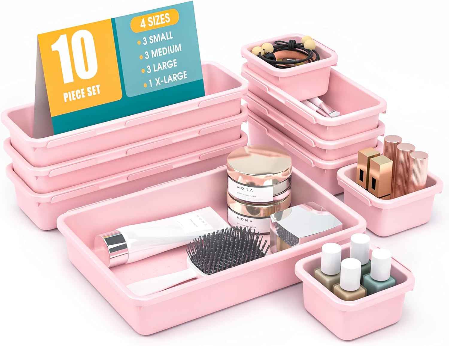 10 PCS Drawer Organizer Set, 4 Size Makeup Drawer Divider Organizer With Non-Slip Pads, Interlocking Plastic Storage Bins for Office,Jewelry Vanity,Gadgets, Bathroom,Kitchen, Black