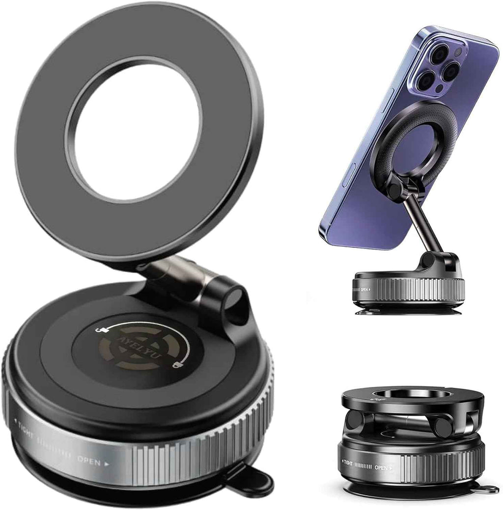 Vacuum Magnetic Phone Holder for Car, 360 Rotating Adjustable Magnetic Phone Holders for Your Car, Foldable Car Mount for iPhone, (Black)