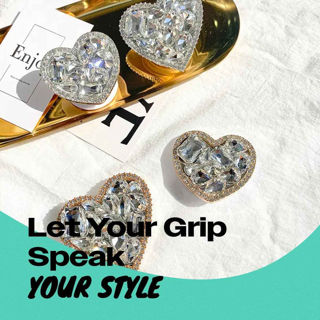 OnTheGrip Cute Cubic Diamond Heart Shape Design Collapsible Expandible Mobile Phone Grip Stand Holder for Smartphone Tablet Cell Phone Accessory (Silver Big)