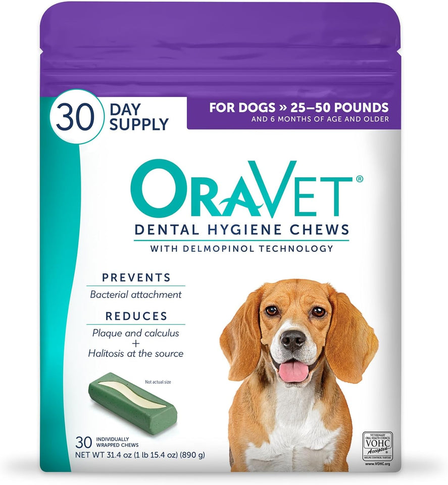 oravet dental chews for medium dogs 25-50 lbs purple pouch 30 count