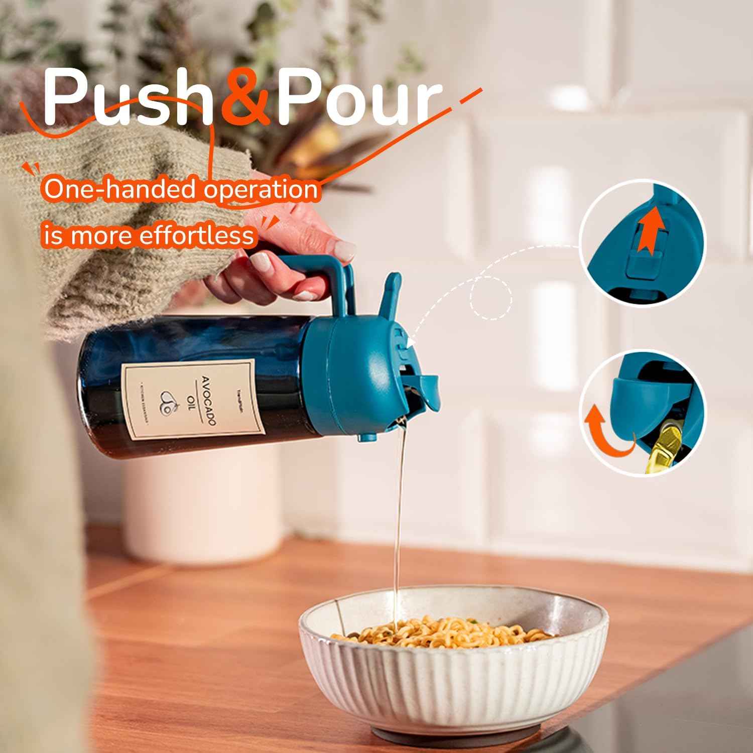 TrendPlain 16oz/470ml Blue Glass Olive Oil Sprayer for Cooking - 2 in 1 Olive Oil Dispenser for Kitchen Gadgets, Air Fryer, Salad, and BBQ - Navy