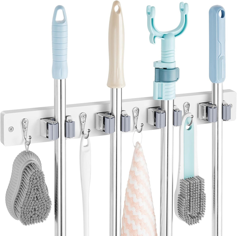 Mop and Broom Holder Wall Mount - Rustic Wood Broom Mop Hanger - Wall Mounted Garden Tool Rack Organizer for Closet Garage Laundry Room Kitchen Decor With 4 Slots & 4 Hooks - ShopUS