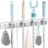 Mop and Broom Holder Wall Mount - Rustic Wood Broom Mop Hanger - Wall Mounted Garden Tool Rack Organizer for Closet Garage Laundry Room Kitchen Decor With 4 Slots & 4 Hooks - ShopUS