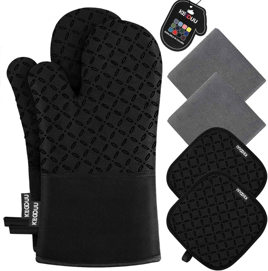 KEGOUU Oven Mitts and Pot Holders 6pcs Set, Kitchen Oven Glove High Heat Resistant 500 Degree Extra Long Oven Mitts and Potholder with Non-Slip Silicone Surface for Cooking (Grey)