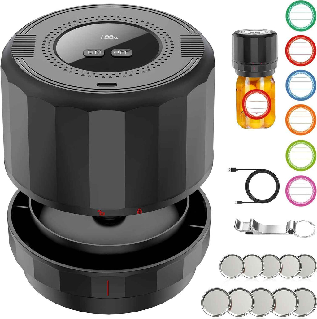M11 Electric Vacuum Sealer Kit for Wide and Regular Mason Jars with Black Vacuum Sealing Machine and Food Storage Lids