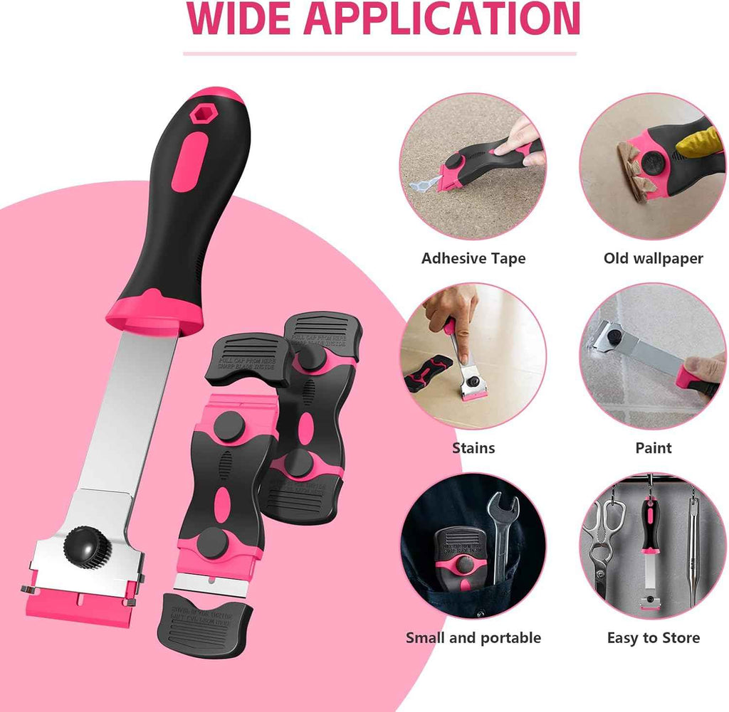 3 Pack Razor Blade Scraper Set, Includes 30 Plastic & 30 Metal Blades, Multi-Purpose Tool for Glass, Cooktop, Sticker Removal, Paint & Gum Cleaning (Pink)