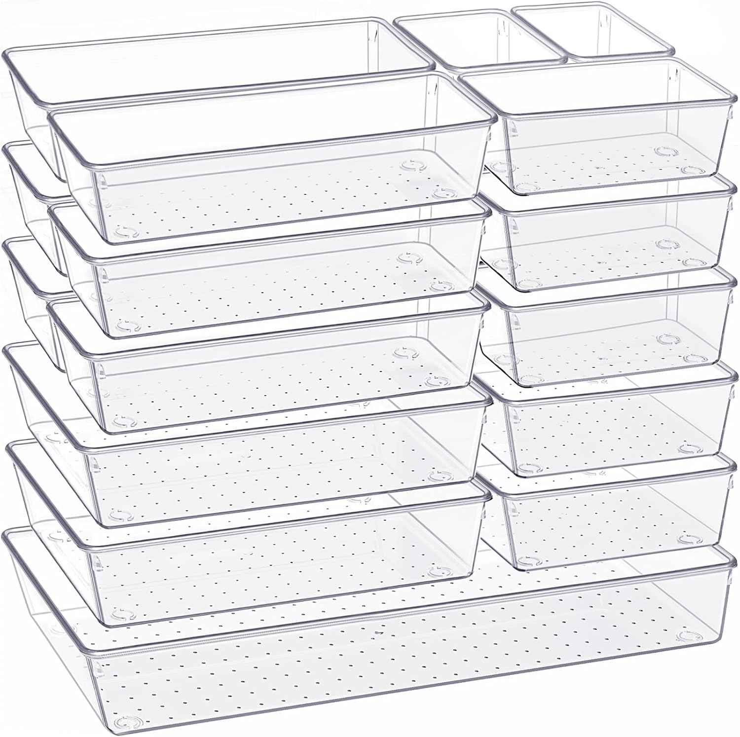Criusia Drawer Organizer, 10 Pack Large Clear Plastic Set, 3 Size Versatile Bathroom and Vanity Organizer Trays, Storage Bins for Makeup, Bedroom, Kitchen Utensils